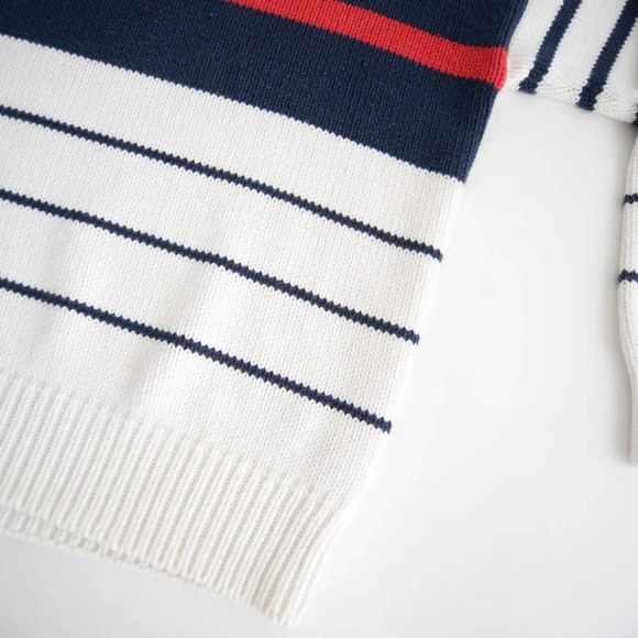 Vintage Eddie Bauer White with Red and  Blue Stripes Knit Crewneck Sweater L - Picture 7 of 11